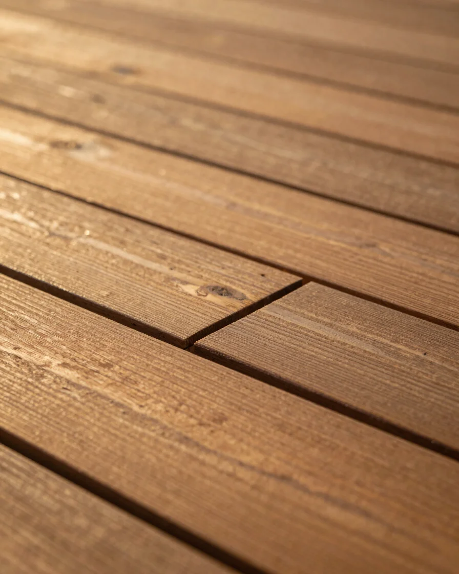 Close-up macro shot of interlocking wood grains and joinery on a newly installed wooden deck, sharp texture detail, warm