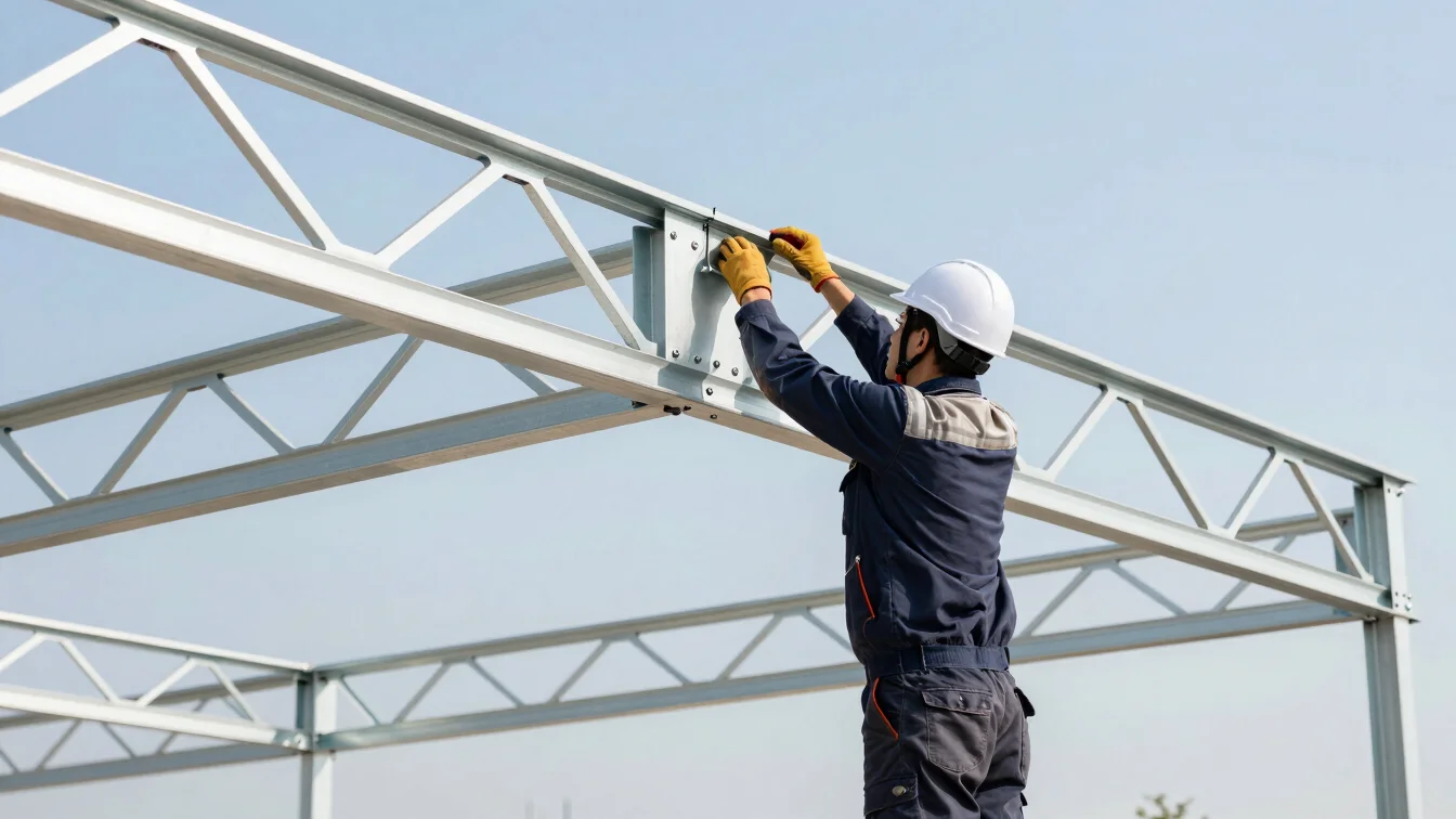 Professional technician in safety helmet installing a lightweight steel roof truss, clean daylight, sharp focus on the m