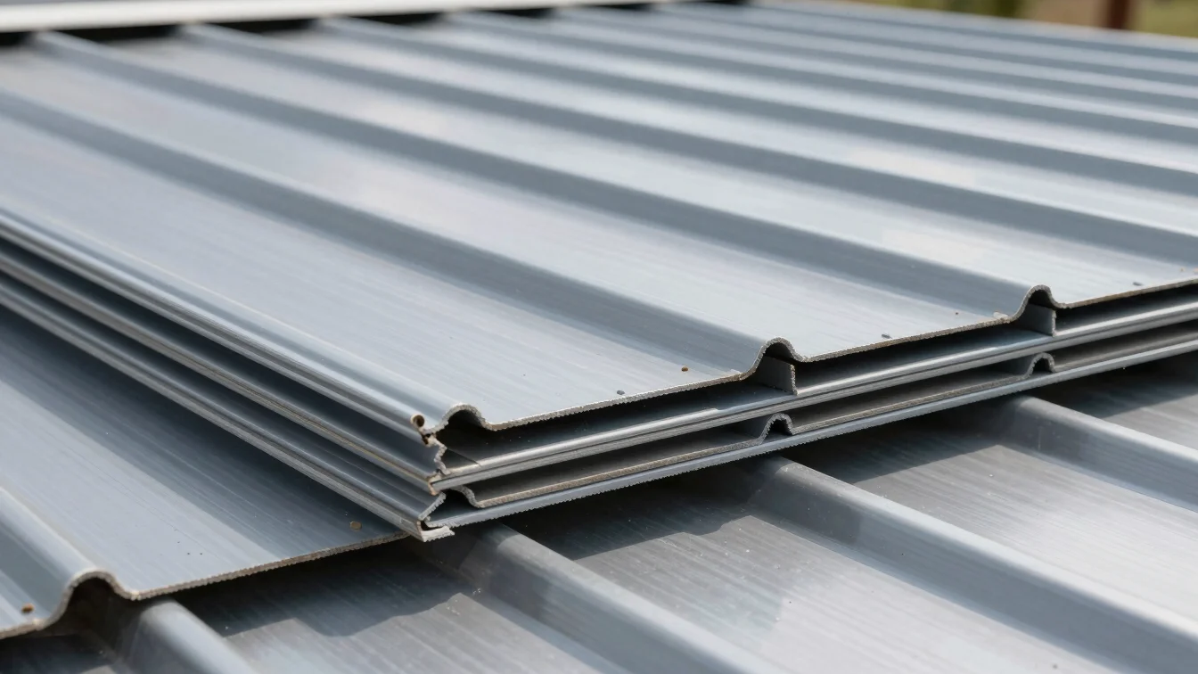 Close-up detail of high-quality roofing materials, such as metal sheets or tiles, neatly stacked under clean daylight, s