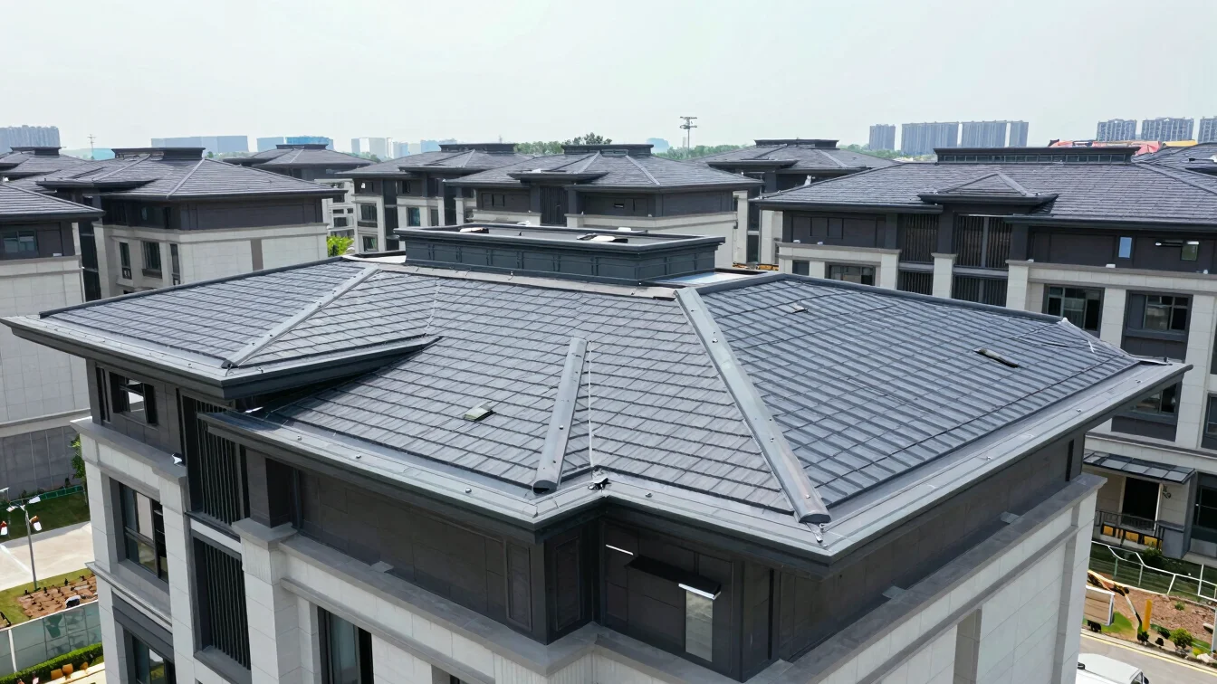 Aerial view of a recently completed residential building with a perfectly installed roof, clean daylight, sharp focus on
