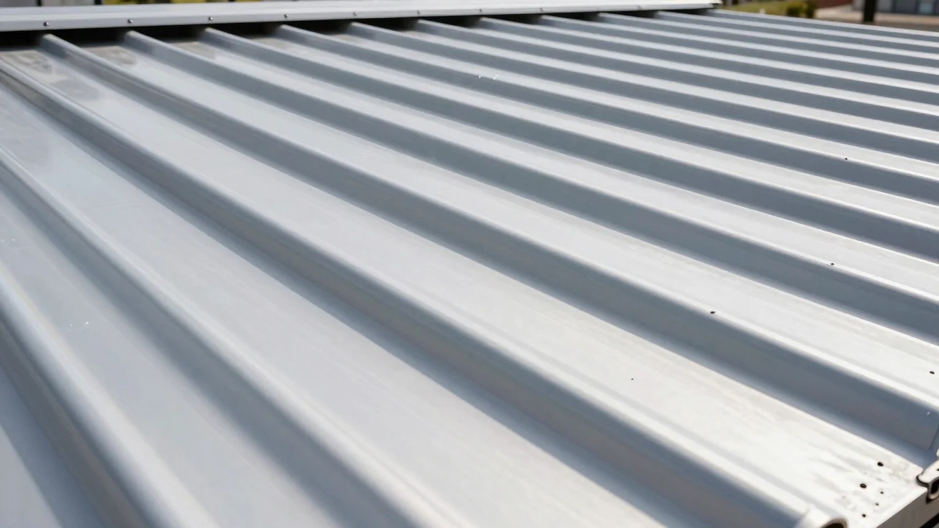 Close-up of high-quality metallic roofing material, showing anti-corrosion coating, bright professional architectural ph