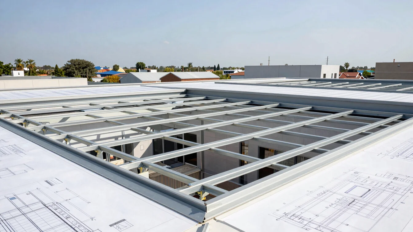Architectural drawing of a modern roof structure with material specifications, bright professional architectural photogr