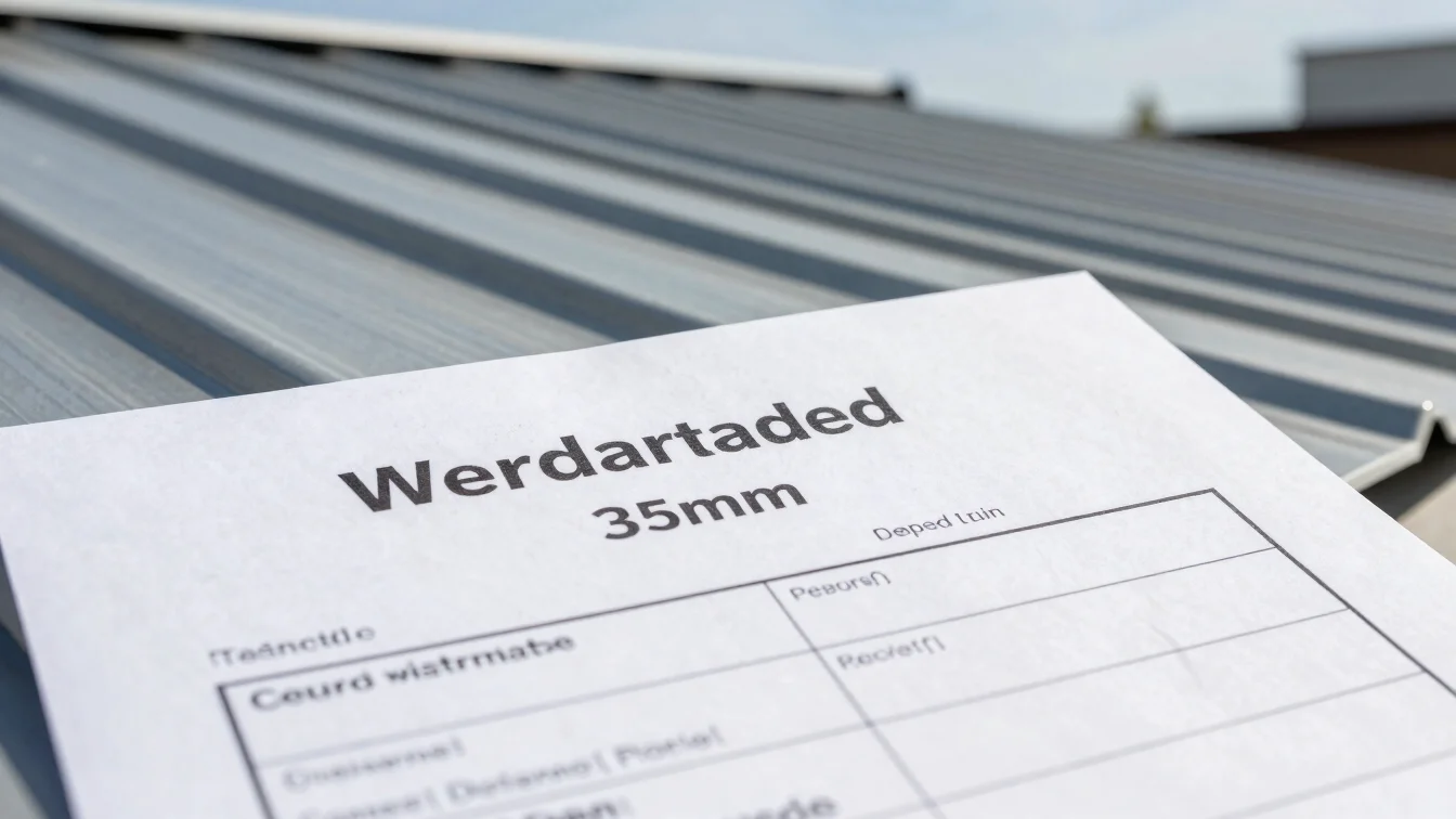 Close-up of a warranty certificate or document with a metallic roofing sample in the background, bright professional arc