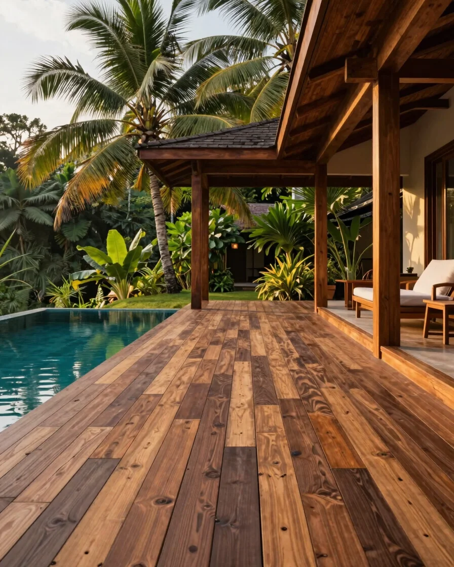 Wide panoramic architectural photography of a luxurious outdoor wooden deck next to a swimming pool, surrounded by lush