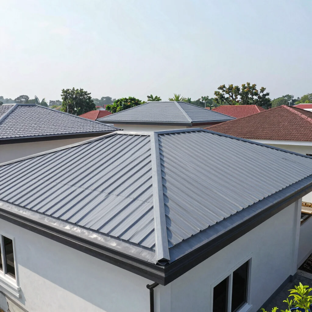 Wide-angle view of a completed residential building roof, showcas