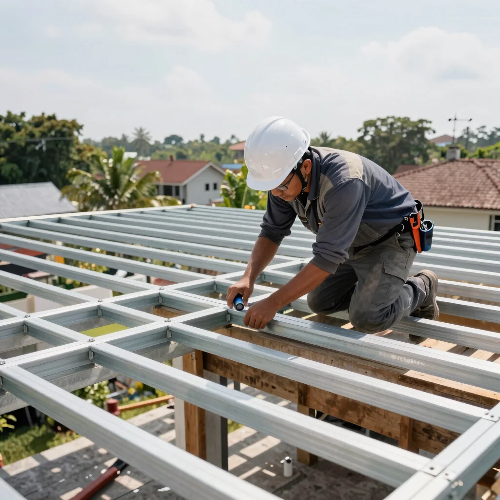 Professional technician in safety helmet installing roof framing,