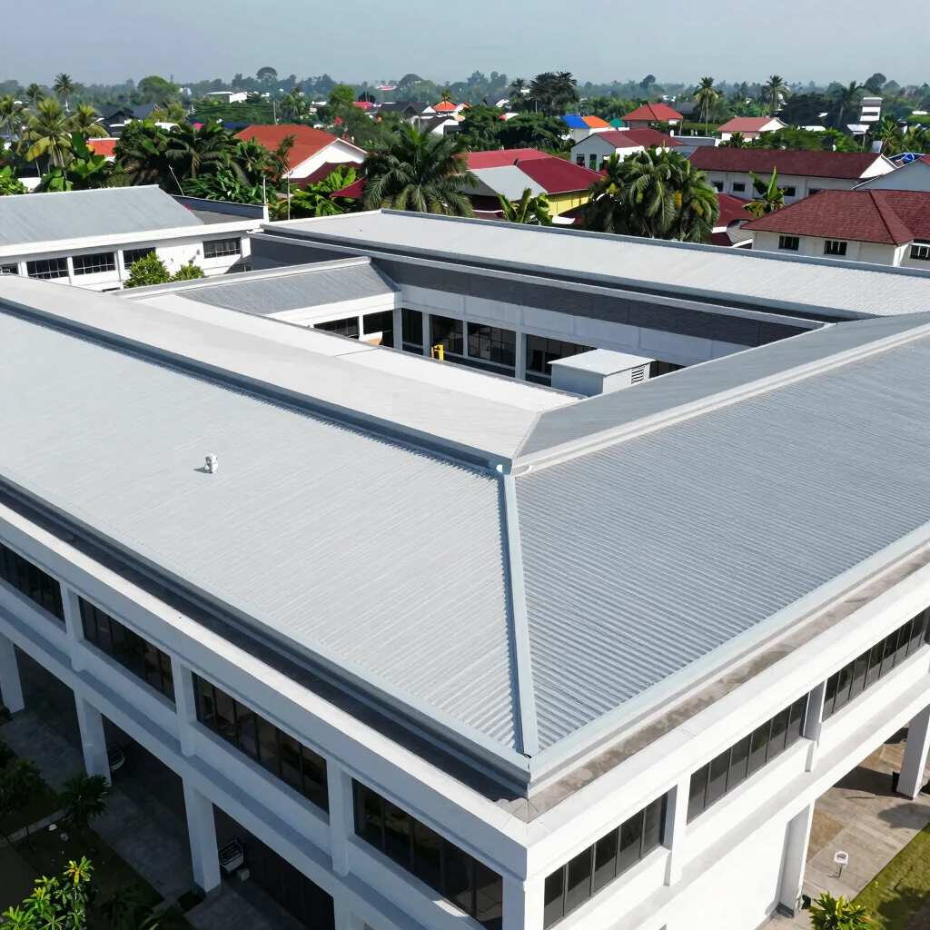 Drone shot of a commercial building with a newly installed roof,